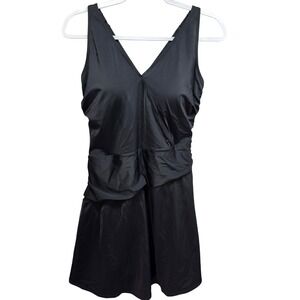 d&co Beach Womens Surplice Vneck Swim Dress‎ One Piece Sz 16 Black Slimming Pads